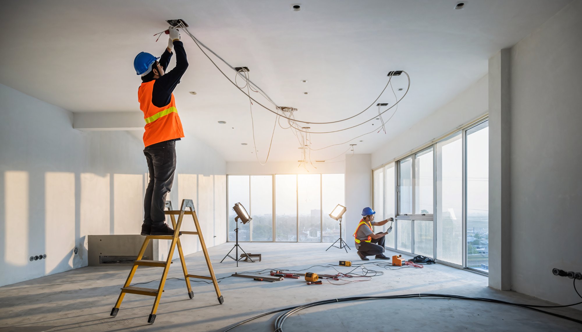 Professional electricians wiring a new commercial construction project