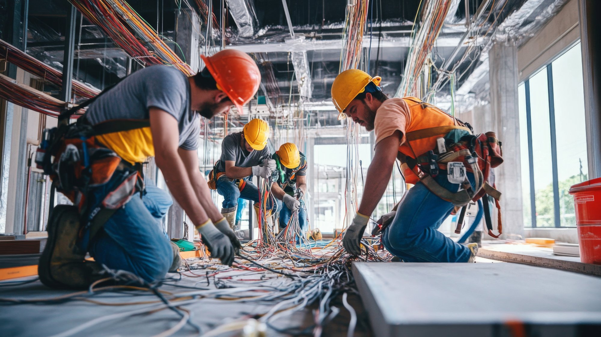 Electricians working on complex wiring system inside a commercial building