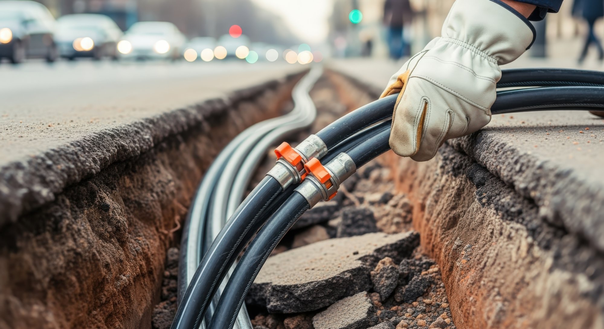 Technician laying fibre optic cables in underground ducting