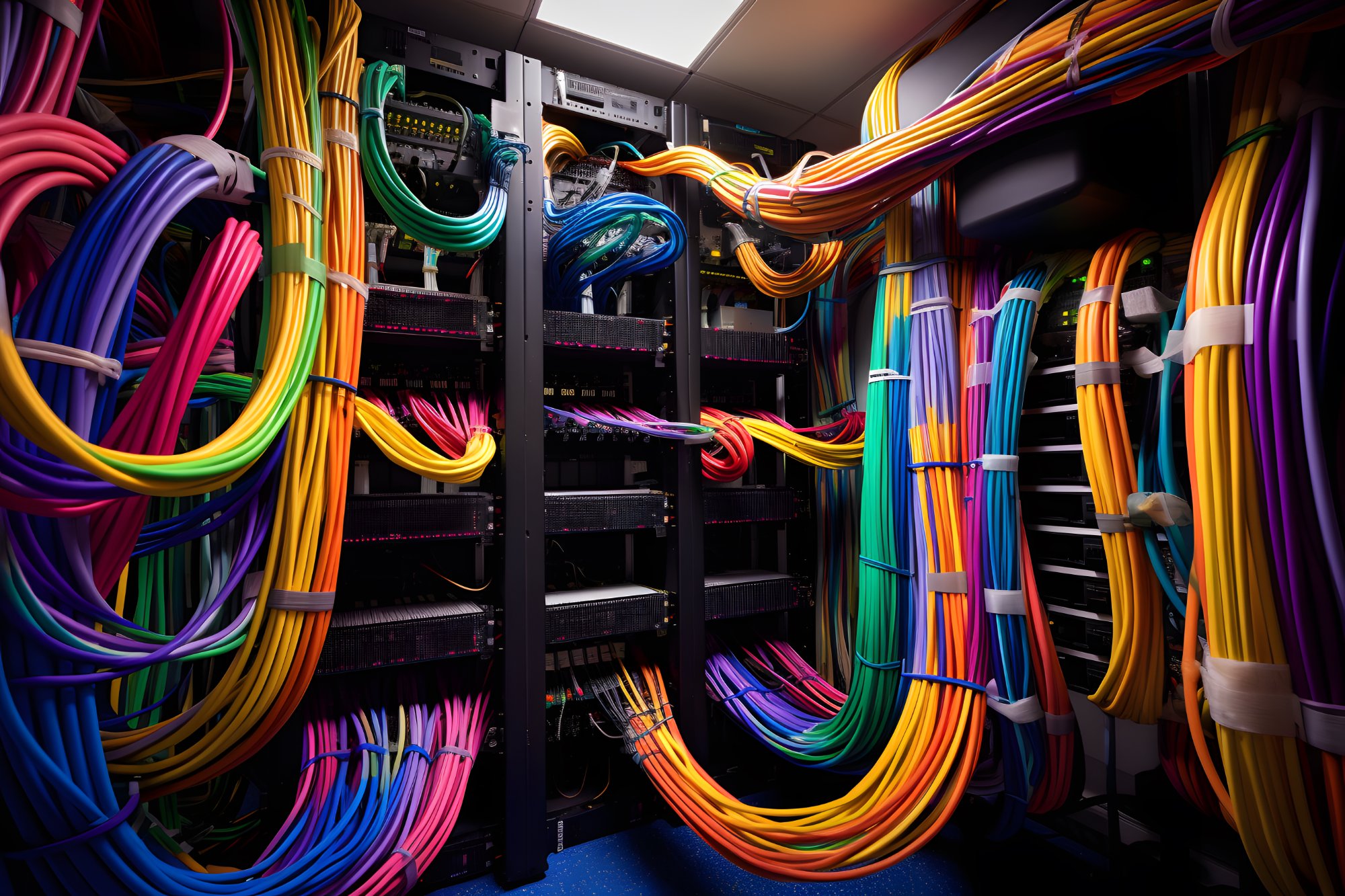 Server room with racks and structured cabling infrastructure