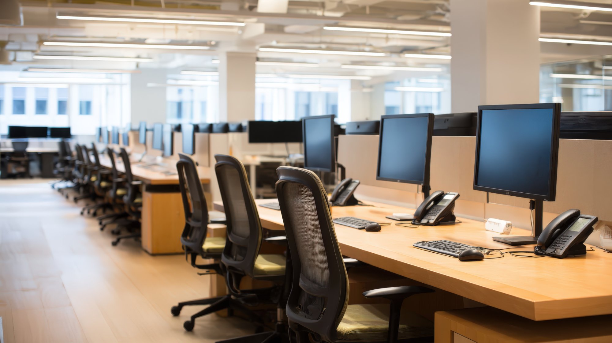 Modern open office with structured network cabling and workstations