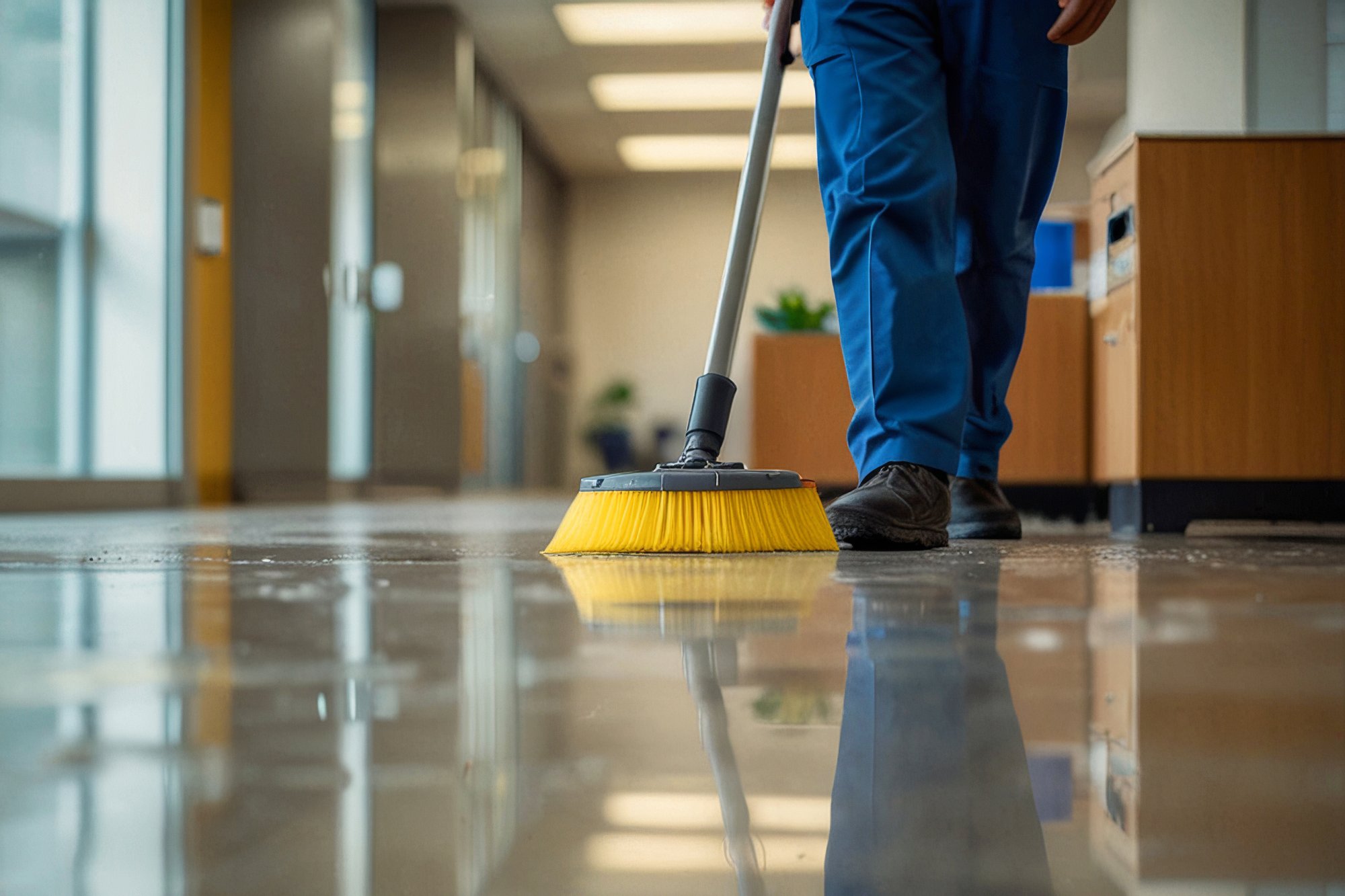 Professional floor cleaning with industrial machine in commercial office