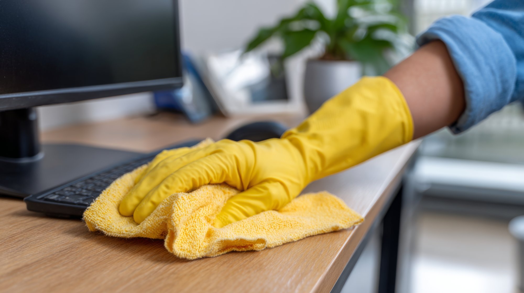 Professional cleaner wiping down an office desk surface
