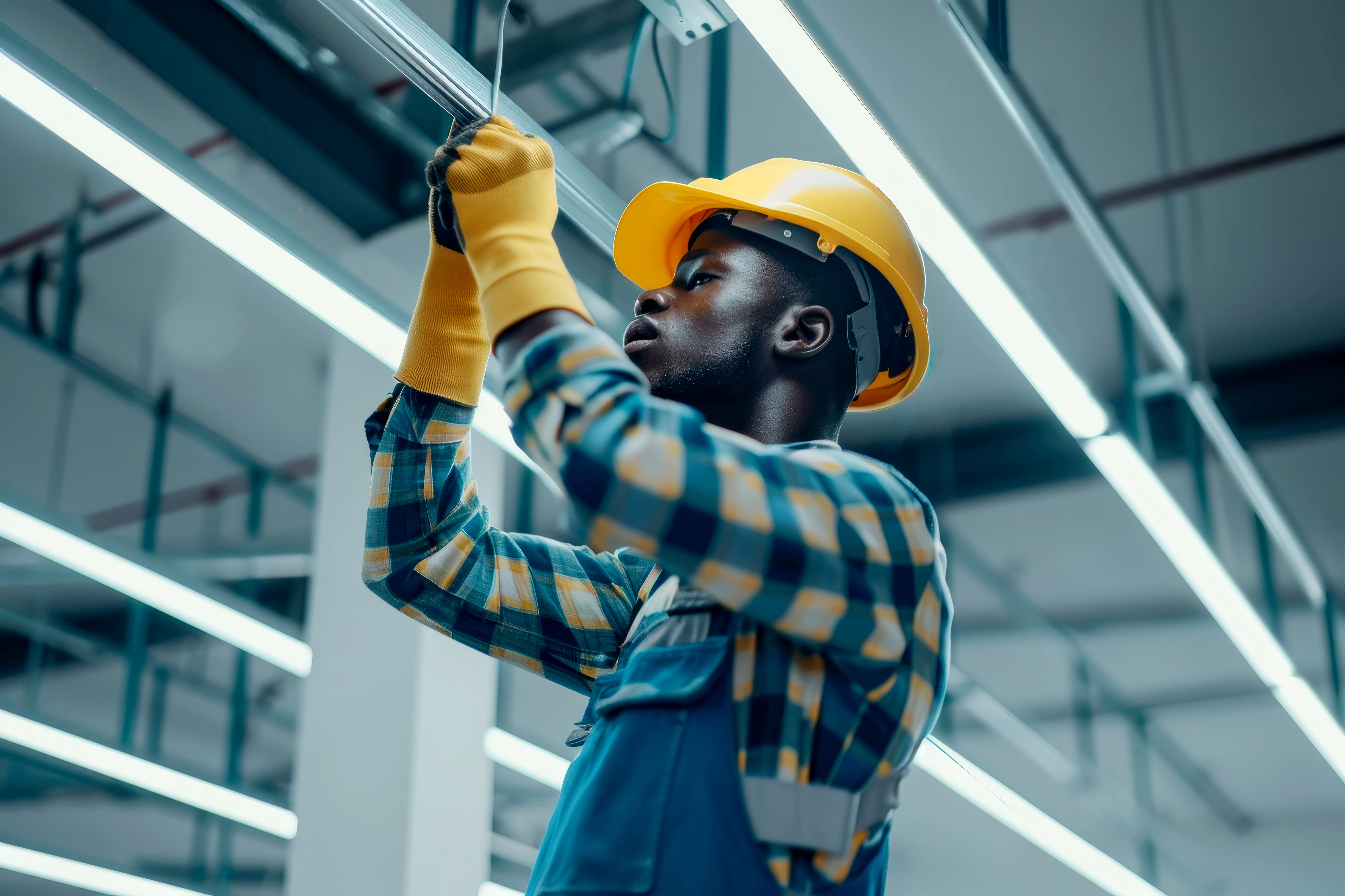 Electrician installing commercial lighting
