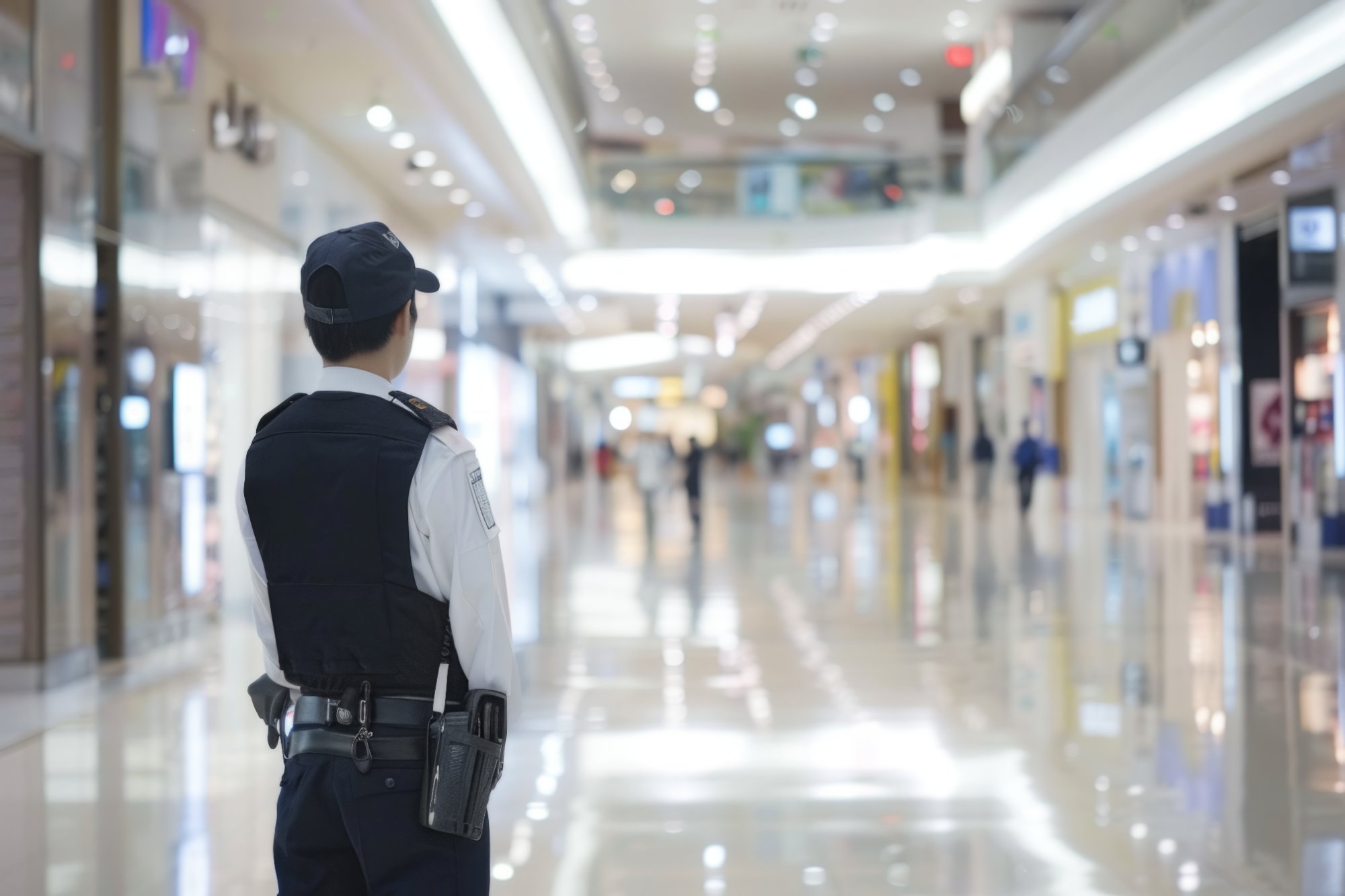 Professional security guard on patrol at a commercial facility